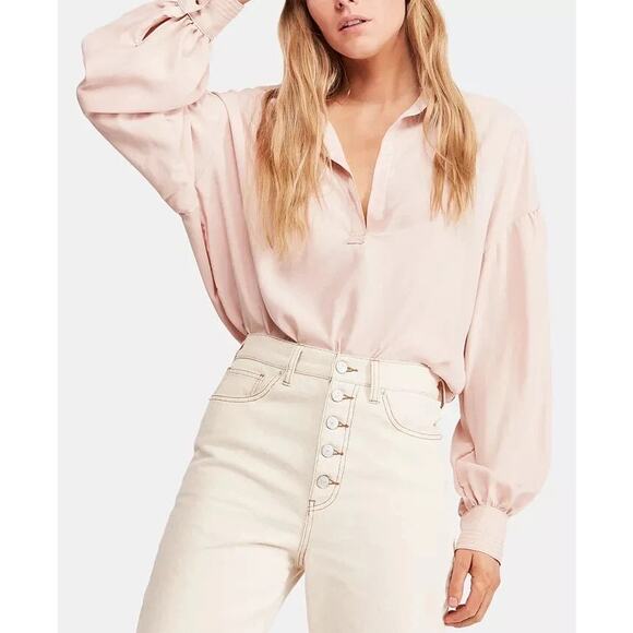 FREE PEOPLE WE THE FREE Love Until Tomorrow Poet Popover Blouse Pink Pearl Sz L - Picture 1 of 8